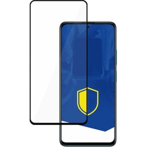 Na zdjęciu znajduje się szkło hartowane do telefonu, które jest umieszczone obok smartfona z niebieskim ekranem. Na ekranie telefonu widoczna jest żółta tarcza na niebieskim tle.