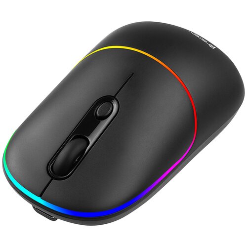 Czarna mysz komputerowa z kolorowym podświetleniem RGB wzdłuż krawędzi, posiada dwa przyciski oraz rolkę przewijania. Na powierzchni myszy widoczne jest logo "TRACER".