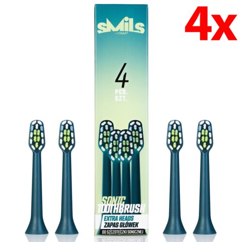 Na zdjęciu widoczne są cztery końcówki do szczoteczki sonicznej oraz opakowanie z napisem "sMils by VITAMMY", "4 PCS./SZT.", "SONIC TOOTHBRUSH", "EXTRA HEADS ZAPAS GŁÓWEK", "DO SZCZOTECZKI SONICZNEJ". W prawym górnym rogu znajduje się duży czerwony napis 
