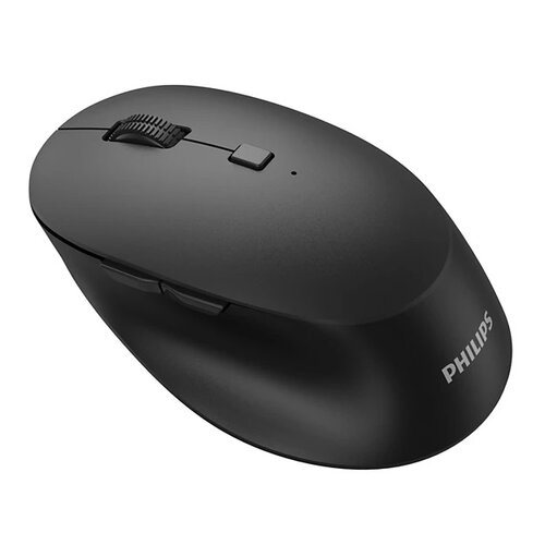 Czarna mysz komputerowa o opływowym kształcie z widocznym logo "PHILIPS" na boku. Na górze myszy znajdują się dwa przyciski oraz rolka przewijania.