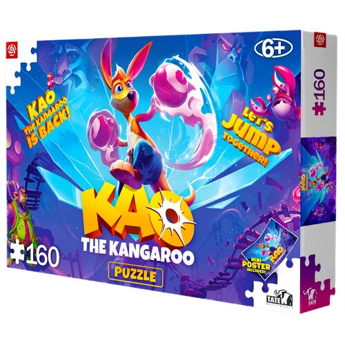 Opakowanie puzzli przedstawia kolorową grafikę z kangurem w rękawicach bokserskich na tle dynamicznej sceny. Na opakowaniu widnieją napisy: "Kao the Kangaroo is back!", "Let's jump together!", "Kao the Kangaroo", "Puzzle", "160", "6+", oraz "Mini poster i