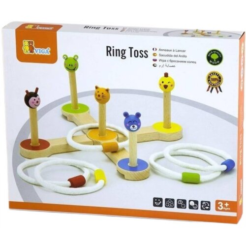 Pudełko z grą zręcznościową "Ring Toss" marki VIGA, przedstawia drewnianą podstawę z pięcioma palikami ozdobionymi kolorowymi główkami zwierząt oraz białe pierścienie do rzucania. Na opakowaniu widnieje logo VIGA oraz oznaczenie wiekowe "3+ Ages".
