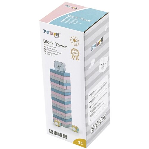 Pudełko z grą zręcznościową "Block Tower" marki PolarB by VIGA, przedstawia wieżę z kolorowych klocków z głową misia na szczycie oraz dwa kostki do gry. Na opakowaniu widnieje napis "3+ years" oraz logo PolarB, a także kilka ikon i tekstów w różnych językach.