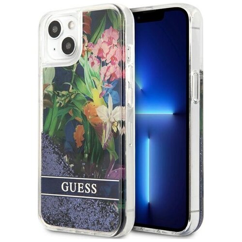 Przezroczyste etui na telefon ozdobione jest kolorowym motywem kwiatowym oraz brokatem, a na dole widnieje napis "GUESS". Obok etui znajduje się telefon z wyświetlaczem pokazującym niebieski gradient.
