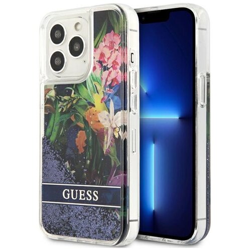 Etui GUESS Flower Liquid Glitter do Apple iPhone 13 Pro Niebieski
