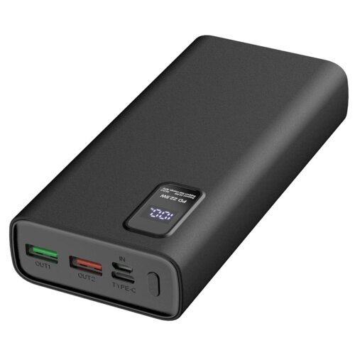 Czarny powerbank z wyświetlaczem pokazującym poziom naładowania 20%, posiada trzy porty: dwa USB oznaczone jako OUT1 i OUT2 oraz jeden port typu C oznaczony jako IN. Na obudowie widoczny jest napis "PD 22.5W".