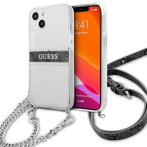 Etui GUESS 4G Silver Stripe Crossbody do Apple iPhone 13 Mini Przezroczysty