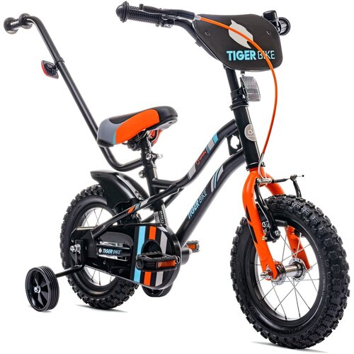 Rower dziecięcy SUN BABY Tiger Bike 12 cali dla chłopca Czarno-pomarańczowo-turkusowy
