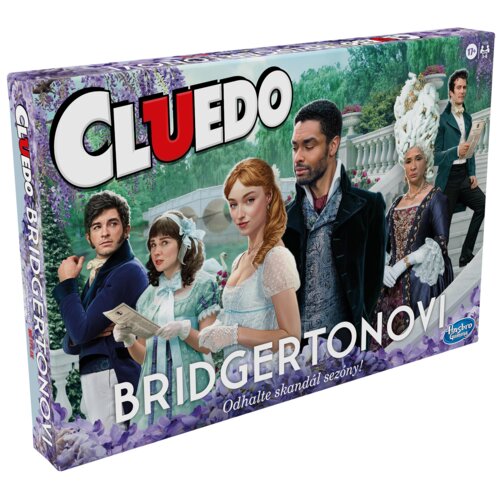 Pudełko gry planszowej z napisem "CLUEDO BRIDGERTONOVI" oraz hasłem "Odkryj skandal sezonu!", przedstawiające postacie w strojach z epoki na tle ogrodu. W prawym dolnym rogu znajduje się logo "Hasbro Gaming".