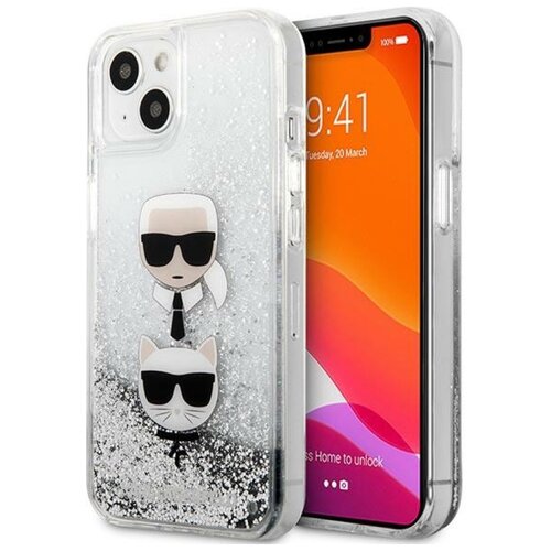 Etui KARL LAGERFELD Liquid Glitter Karl&Choupette Head do Apple iPhone 13 Mini Srebrny