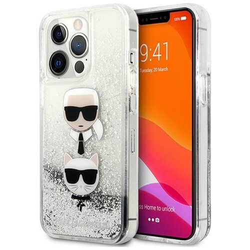 Etui KARL LAGERFELD Liquid Glitter Karl&Choupette Head do Apple iPhone 13 Pro Srebrny