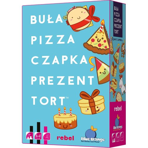 Pudełko gry karcianej z niebieskim tłem, na którym widnieją rysunki bułki, pizzy, czapki, prezentu i tortu oraz tekst: "BUŁA PIZZA CZAPKA PREZENT TORT". Na dole znajdują się logotypy "rebel" i "blue orange", a także oznaczenia wiekowe i czas rozgrywki.