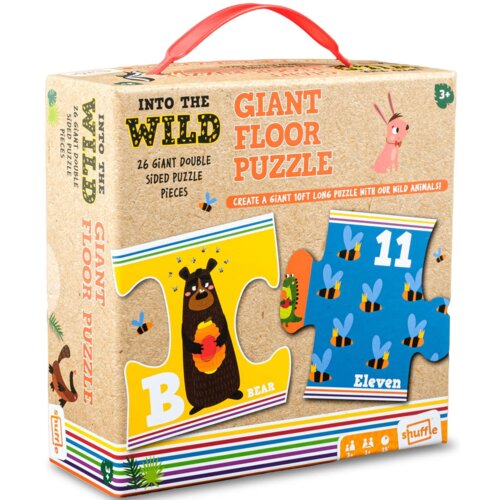 Pudełko puzzli z napisem "INTO THE WILD GIANT FLOOR PUZZLE" zawiera 26 dwustronnych elementów, z ilustracjami zwierząt i cyfr. Na opakowaniu widoczne są przykładowe elementy z literą "B" i cyfrą "11", a także logo "shuffle".