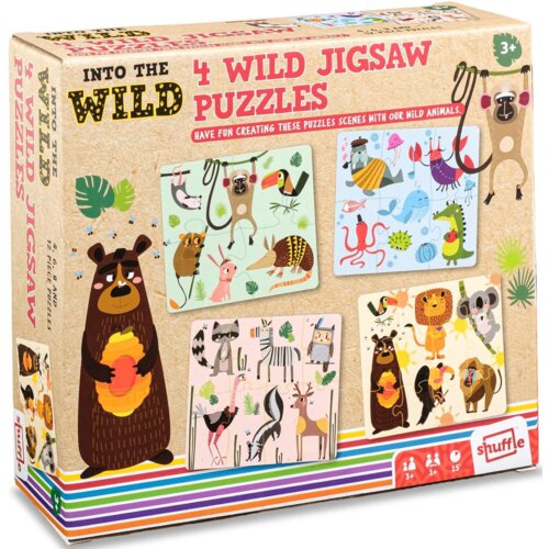 Pudełko puzzli z kolorowymi ilustracjami dzikich zwierząt, zawiera cztery różne układanki, każda z innym motywem zwierzęcym. Na opakowaniu widnieje napis "INTO THE WILD 4 WILD JIGSAW PUZZLES" oraz logo "shuffle".
