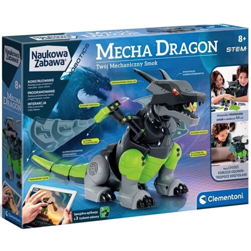 Pudełko z zabawką "Klocki plastikowe CLEMENTONI Naukowa zabawa Mecha Dragon Twój Mechaniczny Smok 50682" przedstawia mechanicznego smoka z elementami do złożenia, aplikacją do sterowania oraz zdjęciami dzieci bawiących się modelem. Na opakowaniu widnieją napisy: "Naukowa Zabawa", "Mecha Dragon", "Twój Mechaniczny Smok", "8+", "STEM", "Specjalna aplikacja z 3 trybami zabawy", "Clementoni".