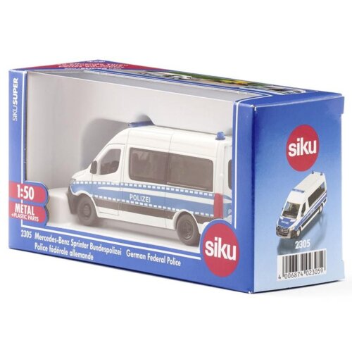 Opakowanie modelu samochodu w skali 1:50 z napisem "Mercedes-Benz Sprinter Bundespolizei" oraz "Polizei" na boku pojazdu, z logo "siku" i kodem produktu 2305. Na opakowaniu widnieje również napis "METAL + PLASTIC PARTS" oraz kod kreskowy.