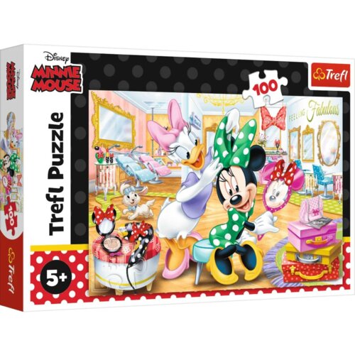 Opakowanie puzzli przedstawia kolorową ilustrację z postaciami z bajki, w tym Myszka Minnie w zielonej sukience w białe kropki oraz Kaczka Daisy w salonie kosmetycznym. Na opakowaniu widnieje napis "Disney Minnie Mouse", "Trefl Puzzle", liczba elementów "