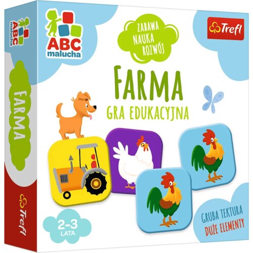 Pudełko gry edukacyjnej "ABC malucha Farma" marki Trefl, z ilustracjami psa, traktora, kury i koguta oraz napisami: "Zabawa Nauka Rozwój", "Farma Gra Edukacyjna", "2-3 lata", "Gruba tektura Duże elementy". Logo Trefl znajduje się w prawym górnym rogu.
