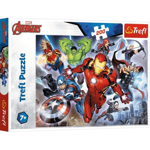 Na opakowaniu puzzli widnieje ilustracja przedstawiająca grupę superbohaterów w dynamicznej pozie, z logo "Marvel Avengers" w lewym górnym rogu. Na opakowaniu znajduje się napis "Trefl Puzzle", liczba elementów "200" oraz oznaczenie wiekowe "7+", a także 
