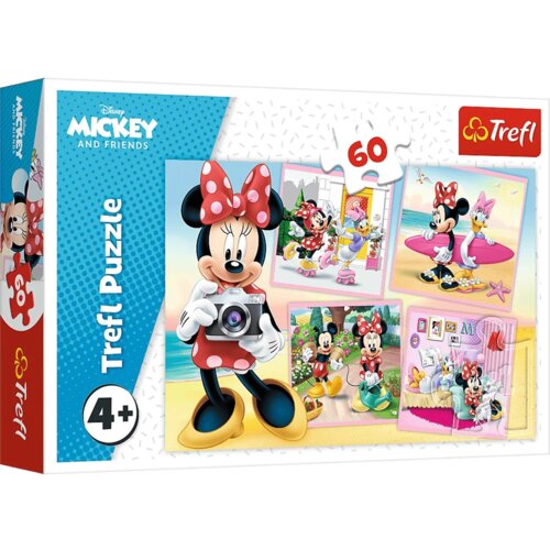 Pudełko puzzli przedstawia postać w czerwonej sukience w białe grochy, trzymającą aparat fotograficzny, z czterema kolorowymi ilustracjami w tle. Na opakowaniu widnieje napis "Trefl Puzzle", liczba "60" oraz logo "Trefl".
