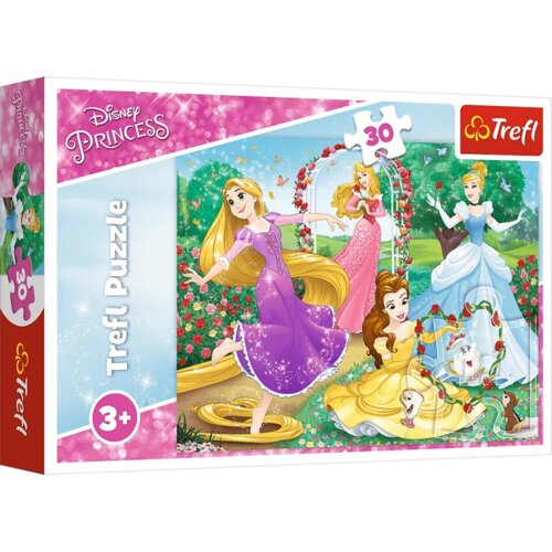 Opakowanie puzzli przedstawia cztery postacie w kolorowych sukniach na tle ogrodu pełnego kwiatów, z widocznym logo "Trefl" oraz napisem "Disney Princess" i oznaczeniem "3+" w różowym kółku. Na opakowaniu znajduje się również liczba elementów "30" umieszczona na białym tle w kształcie puzzla.