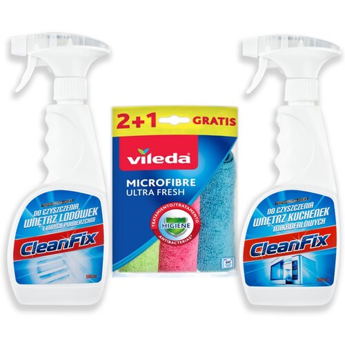 Płyn do czyszczenia lodówek CLEANFIX 500 ml + Płyn do czyszczenia kuchenek mikrofalowych CLEANFIX 500 ml + Ściereczka VILEDA Mikrofibra Ultra Fresh (3 sztuki)