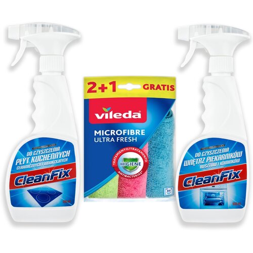 Płyn do mycia piekarników CLEANFIX 500 ml + Płyn do czyszczenia płyt ceramicznych CLEANFIX 500 ml + Ściereczka VILEDA Mikrofibra Ultra Fresh (3 sztuki)