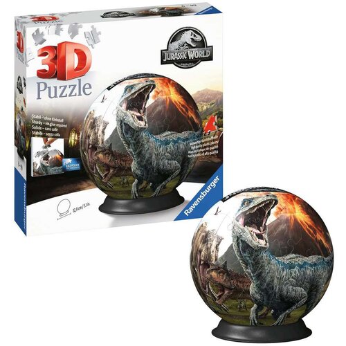 Pudełko przedstawia produkt "3D Puzzle" z motywem "Jurassic World", z widocznym logo "Ravensburger". Na opakowaniu znajduje się ilustracja dinozaura na tle wulkanu oraz tekst: "Stabil - ohne Klebstoff, Sturdy - no glue required, Solide - sans colle, Stabi