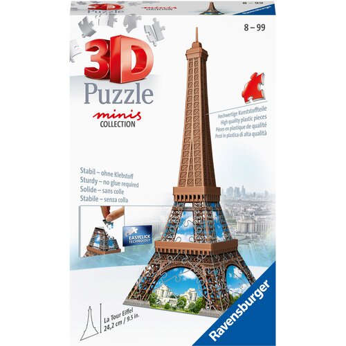 Opakowanie puzzli 3D przedstawia model Wieży Eiffla z 62 elementów, z napisem "3D Puzzle minis COLLECTION" oraz informacją o braku potrzeby użycia kleju. Na opakowaniu widnieje logo "Ravensburger" oraz tekst "Hochwertige Kunststoffteile" i "Easyclick Tech