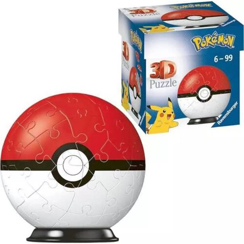 Na zdjęciu znajduje się trójwymiarowa układanka w kształcie czerwono-białej kuli z czarnym paskiem, przypominająca pokeball, umieszczona na czarnej podstawce. Obok widoczny jest kartonowy pudełko z napisem "3D Puzzle", grafiką przedstawiającą układankę or