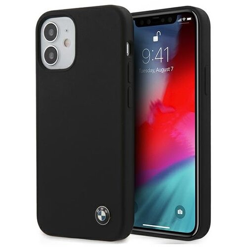 Czarne etui na telefon z logo BMW w dolnej części, zaprojektowane dla modelu Apple iPhone 12 mini. Na ekranie telefonu widoczna jest godzina 9:41 oraz data "Tuesday, August 7".