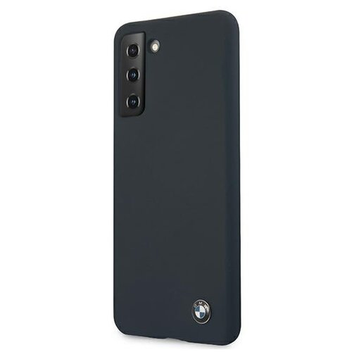Granatowe etui na telefon z trzema wycięciami na aparaty oraz jednym na lampę błyskową. Na dole znajduje się logo BMW.