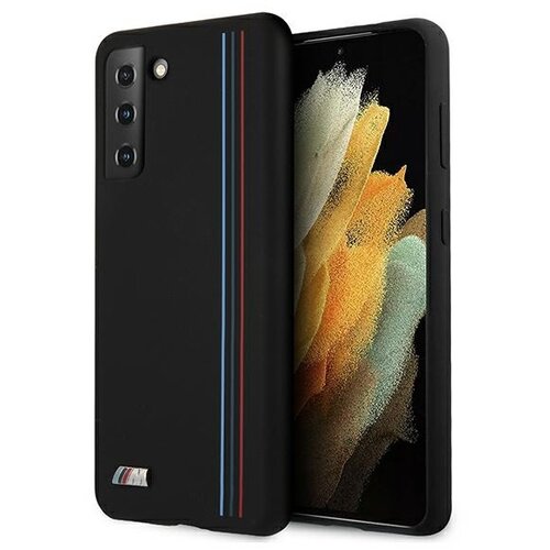 Czarne etui na telefon z trzema pionowymi paskami w kolorach niebieskim, granatowym i czerwonym oraz małym logo w dolnej części. Obok etui widoczny jest telefon z wyświetlaczem przedstawiającym abstrakcyjną grafikę w odcieniach pomarańczowego, żółtego i z