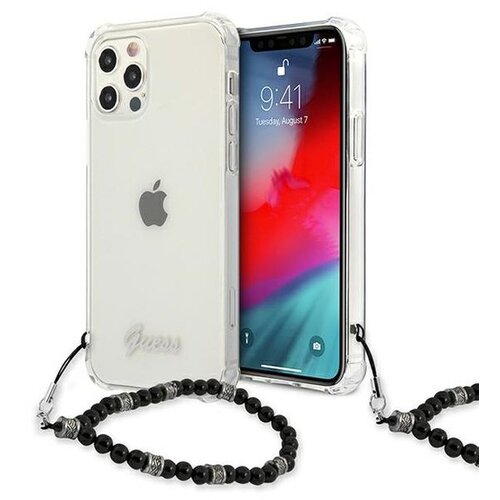 Przezroczyste etui na telefon z widocznym logo "Guess" oraz czarnym paskiem z koralikami. Na ekranie telefonu wyświetlana jest godzina 9:41 oraz data "Tuesday, August 7".