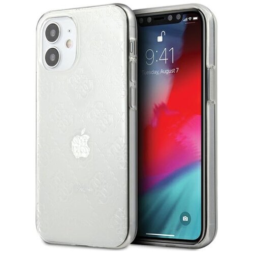 Przezroczyste etui z wzorem 3D i logo producenta na tylnej części, przeznaczone do telefonu Apple iPhone 12 mini. Na ekranie telefonu widoczna jest godzina 9:41 oraz data "Tuesday, August 7", a także ikona aparatu.