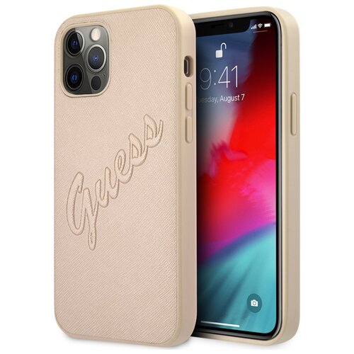 Etui GUESS Saffiano Vintage Script do Apple iPhone 12 Pro Złoty