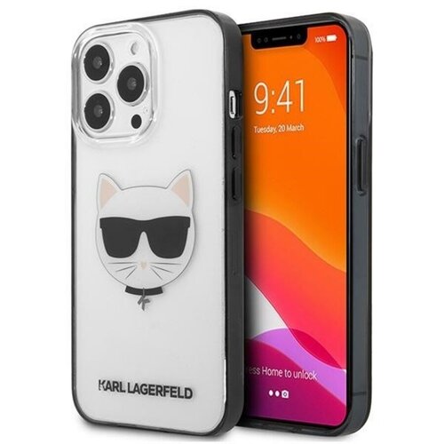 Przezroczyste etui na telefon z grafiką białego kota w okularach przeciwsłonecznych oraz napisem "KARL LAGERFELD" na dole. Obok etui widoczny jest telefon z wyświetlaczem pokazującym godzinę 9:41, datę "Tuesday, 20 March" oraz tekst "Press Home to unlock"