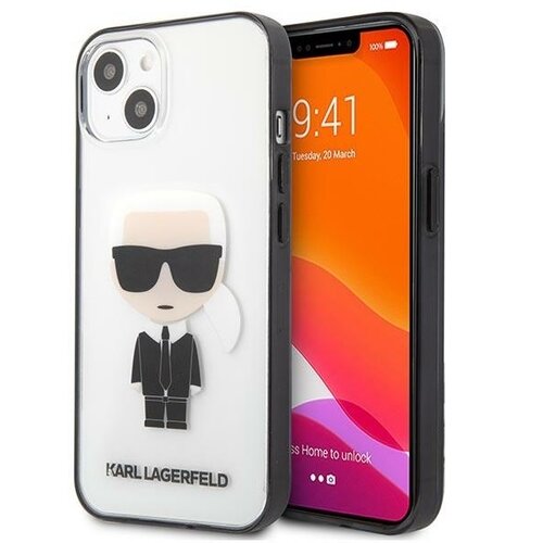 Przezroczyste etui na telefon z grafiką przedstawiającą postać w ciemnych okularach i garniturze, z białymi włosami związanymi w kucyk. Na dole etui widnieje napis "KARL LAGERFELD".