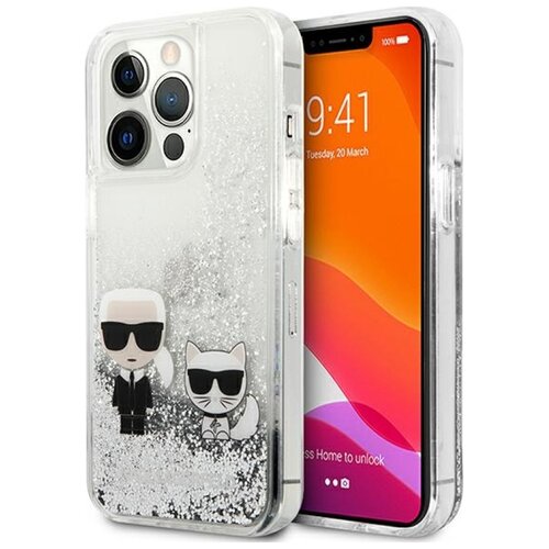 Etui KARL LAGERFELD Liquid Glitter Karl&Choupette do Apple iPhone 13 Pro Max Srebrny