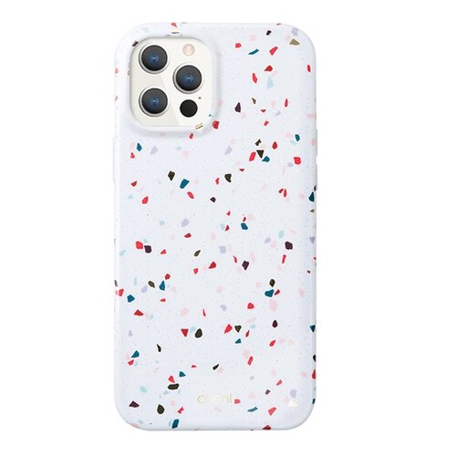 Białe etui na telefon z kolorowym wzorem w stylu terrazzo, składającym się z nieregularnych plamek w odcieniach czerwieni, niebieskiego, czarnego i różowego. Na dole etui widnieje napis "coehl".