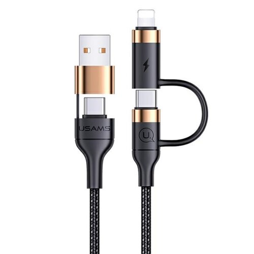 Czarny kabel USB/USB-C z końcówkami USB-C i Lightning, z elementami w kolorze złotym, posiada logo "USAMS" oraz symbol błyskawicy. Kabel ma plecioną osłonę i długość 1,2 metra.
