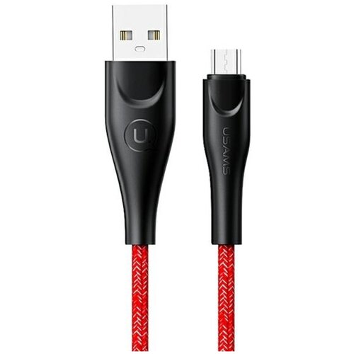 Czerwony pleciony kabel USB - Micro USB o długości 1 metra, z czarnymi wtyczkami, na jednej z nich widoczne jest logo "USAMS".