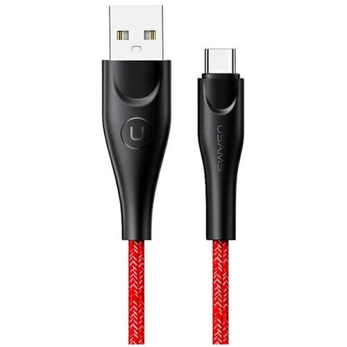 Czerwony pleciony kabel USB - USB-C o długości 2 metrów, z czarnymi wtyczkami, na jednej z nich widoczne jest logo "USAMS".