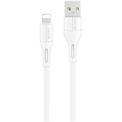 Biały kabel USB-Lightning o długości 1 metra z widocznymi złączami USB i Lightning. Na obu końcówkach kabla znajduje się napis "USAMS".