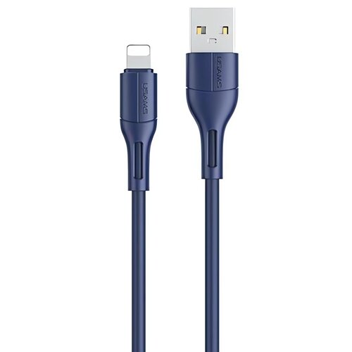 Niebieski kabel USB-Lightning o długości 1 metra z widocznymi złączami USB i Lightning. Na obu końcówkach kabla znajduje się logo "USAMS".