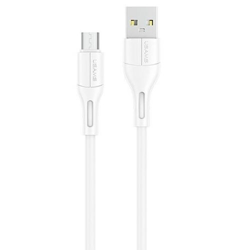Biały kabel USB z końcówkami USB i Micro USB, na obu końcówkach widoczne jest logo "USAMS". Kabel ma gładką powierzchnię i długość 1 metra.