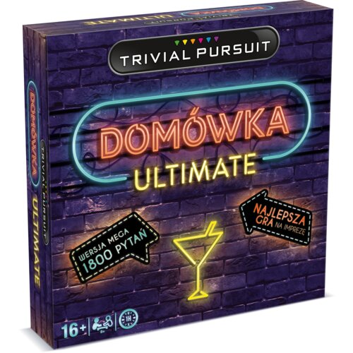 Pudełko gry towarzyskiej z napisem "TRIVIAL PURSUIT" na górze oraz "DOMÓWKA ULTIMATE" w neonowych kolorach na tle ceglanej ściany. Dodatkowe napisy to "WERSJA MEGA 1800 PYTAŃ" i "NAJLEPSZA GRA NA IMPREZĘ", a w dolnym rogu widnieje oznaczenie wiekowe "16+"