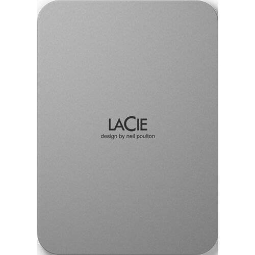 Szare, prostokątne urządzenie z zaokrąglonymi rogami, na którym widnieje napis "LaCie design by neil poulton".