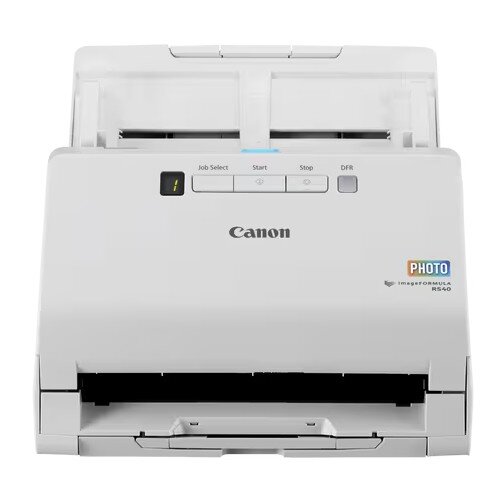 Na zdjęciu widoczny jest biały skaner z logo "Canon" oraz oznaczeniem "imageFORMULA RS40". Na panelu znajdują się przyciski z napisami: "Job Select", "Start", "Stop" oraz wskaźnik "DFR", a także kolorowy napis "PHOTO".