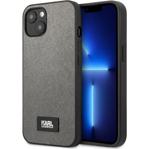 Etui KARL LAGERFELD Saffiano Plaque do Apple iPhone 13 Mini Srebrny